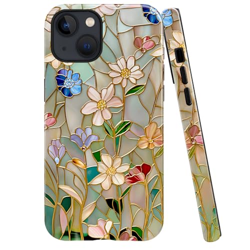 TnXee Case Compatible with iPhone 13,Fall Prevention Bright Hybrid 2-Layer Hard Shell Phone Case for Girls Boys,Stained Glass Bloom Flower