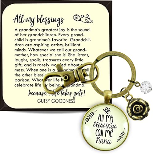 Nana Keychain All My Blessings Southern Grandma Jewelry For Women From Grandchildren Key Ring - Handmade Family Theme Vintage Pendant, Bronze Rose Charm, Gift Packaged Grandmother Message Card & Box