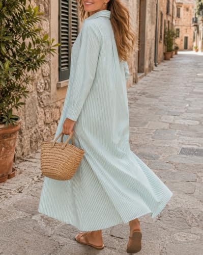 Image of Ladyful Women's Cotton Linen Maxi Dress Summer Long Sleeve Shirt Dress