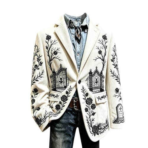 Men Gothic Halloween Corduroy Blazer Cemetery Rose Gate Printed Jacket - image 4