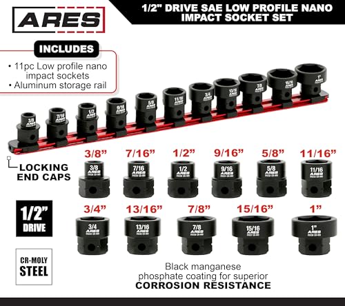 Image of ARES 29021 11-Pc 1 /2in SAE Nano Sockets, Low Profile, w /Rail | Impact grade sockets offer greater clearance than typical shallow sockets