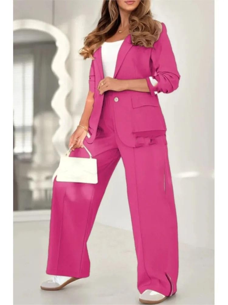 Conjunto de 2 Piezas para Mujer: Chaqueta y Pantalón Rayados con Parches, Atuendo Retro de Oficina