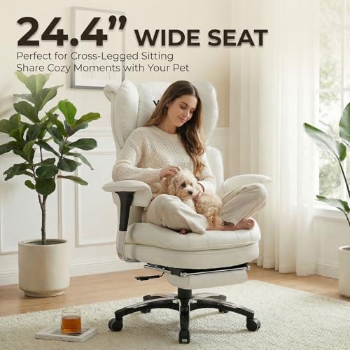 Image of Efomao Big & Tall Desk Chair, Wide Executive Office Chair with Footrest White-L