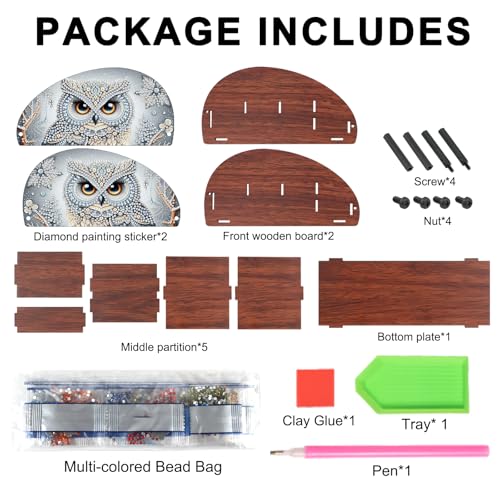 Image of Diamond Painting Storage Box, DIY 5D Owl Design Multi-Compartment Wooden Tabletop Organizer, Diamond Art Storage Holder for Pens Makeup Brushes Remotes Office Supplies Desktop Decoration
