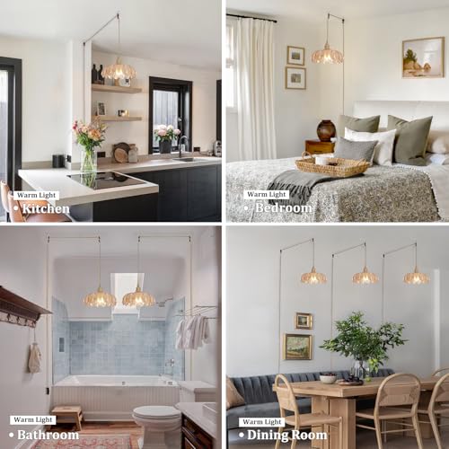 Image of Shenmoyl Plug in Pendant Light Hanging Light Fixtures with Plugin Cord On /Off Switch,Amber Scindapsus Glass Lampshade Brass Pendant Light