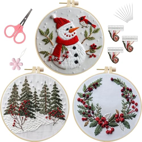 Image of LB Red Christmas Embroidery Kit for Beginners Adults, 3 Sets Hand Embroidery Starter Kit with Cute Snowman and Instructions Stamped Cross Stitch Kits Include Embroidery Hoop Needles Threads Scissors