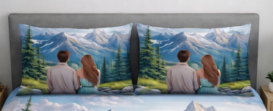 Image of DECOR WELL Premium 7D Digital Print Polycotton Double Bed Sheet with 2 Matching Pillow Covers - Soft, Wrinkle-Resistant & Vibrant Bedroom Decor - Mountain Couple