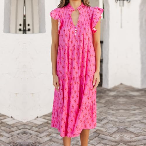Image of Women Patchwork Dress Y2k Floral Puff Short Sleeve Maxi Dress Summer Boho Smocked Tiered Ruffle Beach Sundress