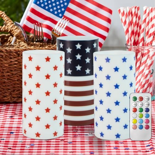 Image of 4th of July Patriotic Candles with Timer Remote Control | for American Independence Day Decorations,250th Anniversary USA Red White and Blue Candle