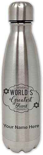 LaserGram Single Wall Stainless Steel Water Bottle, World's Greatest Aunt, Personalized Engraving Included