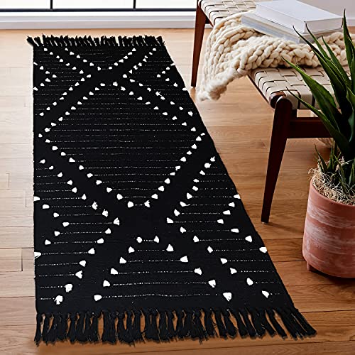 Haocoo Boho Bathroom Runner Rug 2’ X 5.3’, Black Geometric Washable Woven Cotton Diamond Area Rug, Chic Moroccan Tribal Tassel Kitchen Rug,Throw Floor Mat Carpet Decorative For Living Room Bedroom #TOP5
