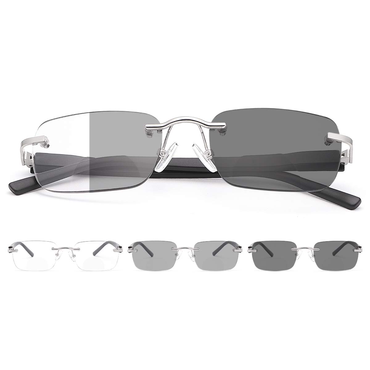 YIMI Gafas de sol bifocales fotocromáticas bisagra de resorte sin montura bloqueo de luz azul ordenador gafas de lectura para mujer y hombre protección UV400 transición antideslumbramiento anteojos