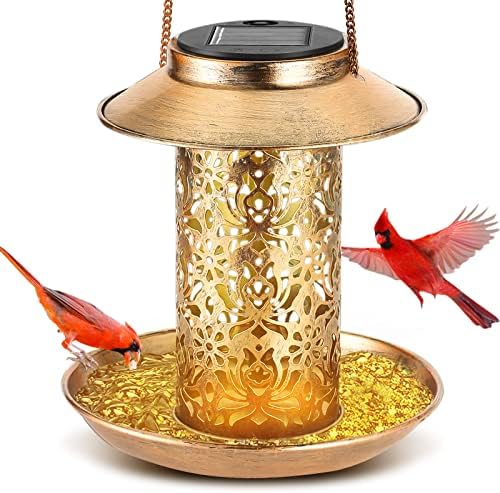 FANFX Solar Bird Feeders for Outside Hanging-Metal Waterproof Outside Wild Bird Feeder-Cardinals Feeders-Solar Garden Lantern with Hook as Gifts for Bird Lovers(2LB Heavy Duty Birdfeeders)