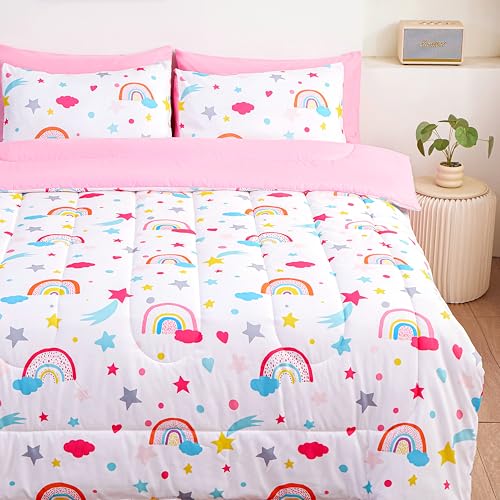 Image of Cartoon Bedding Set - Super Soft Microfiber Twin Size 5 Piece Pink Rainbow Butterfly Bed in a Bag, Comforter Set with Sheets, Pillowcase & Sham for Girls (5 Piece Twin Size)