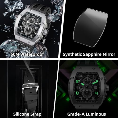 Image of TSAR BOMBA Mens Watches Luxury Tonneau Watches for Men Waterproof 50M Analog Watch Chronograph Calendar Date Men's Dress Business Work Watch Diver Large Square Face Wristwatch