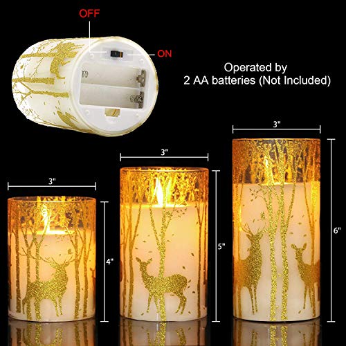 Image of GenSwin Glass Flameless Candles with Elk Decor and Remote Timers, Battery Operated Moving Wick Led Flickering Light, Set of 3 Real Wax Pillar Candles for Christmas Home Decoration