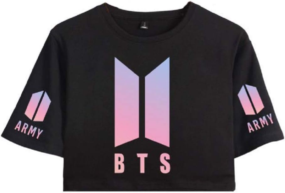 FridayLead Kpop T-Shirt Short Sleeve Love Yourself Tee Pink Printing Girls Exposed Belly Button tee