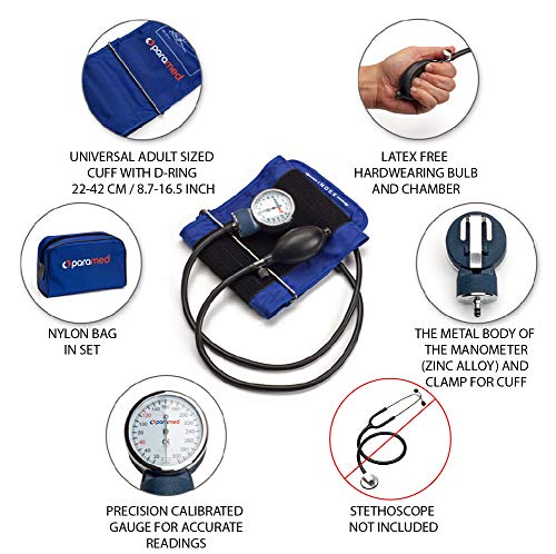 Image of PARAMED Aneroid Sphygmomanometer - Manual Blood Pressure Cuff with Universal Cuff 8.7-16.5 inch and D-Ring - Carrying Case in the kit - Blue - Stethoscope Not Included