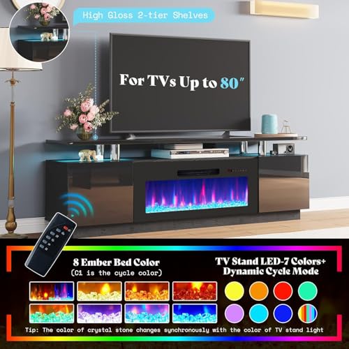 Image of AMERLIFE 70 inch High-Gloss Fireplace TV Stand with 36 inch Electric Fireplace | Black LED TV Console, Modern Living Room Entertainment Center, Fits TVs up to 80 inch, 2 Cabinets, 2-Tier Storage Space
