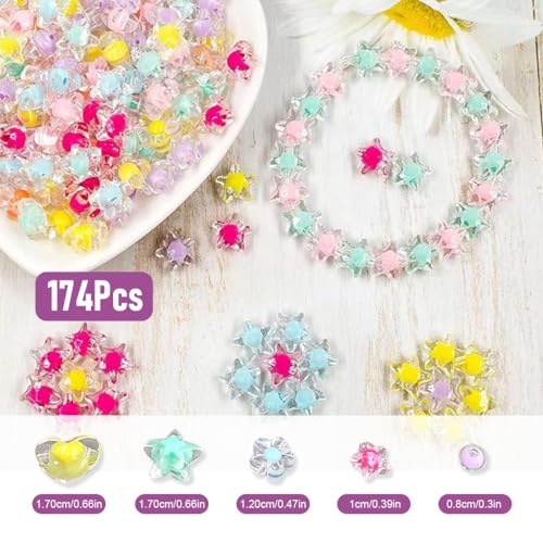 Image of SANNIDHI 174Pcs Acrylic Beads For Jewellery Making Kit, Macaron Color Crystal Beads For Bracelet Making, Double Layer Star Heart Flower Round Cute Aesthetic Beads For Diy Hair Ties, Multicolour