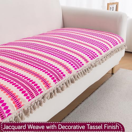 Image of HOKIPO 'Artisan Boho Series' L Shape (3+2 Seater) Seat Mat for Sofa | Thick 450 GSM Cotton Acrylic Jacquard Fabric Cover with Tassel, Fuchsia Pink (IN-904+903-A5)
