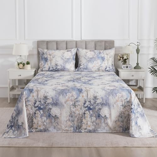 Image of Vintage Floral Percale Sheets King Size Deep Pocket, White & Blue | 100% Cotton Soft Crisp Toile Sheet Set, Shabby Chic Flower Bed Sheets, Cottage Core Bedding, Botanical Print, Farmhouse, 4Pcs