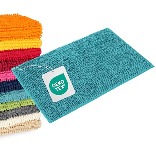 WohnDirect Tapis de Bain Bleu pétrole 50x80 cm – Antidérapant, Absorbant, Chenille Microfibre Ultra Douce – Confort Salle de Bain, Lavable Machine,...