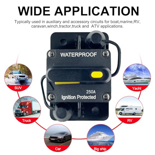 Xipupoo 250 Amp Car Waterproof Circuit Breaker 12V - 48V DC with Manual Reset Switch Button for Boat Trolling Motor Marine ATV Trailer Vehicles Stereo Audio Electronic Battery Solar System Inline Fuse