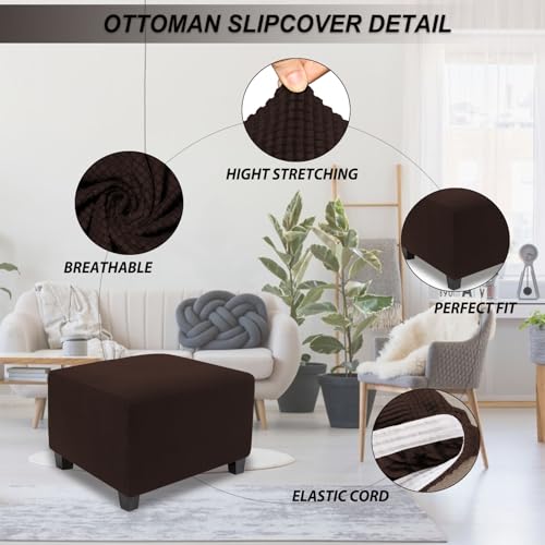 Image of NeColorLife Stretch Ottoman Cover Square Oversized Soft Knitted Jacquard Thick Covers for Large Square Ottoman Storage Stool Furniture Protector Brown X-Large