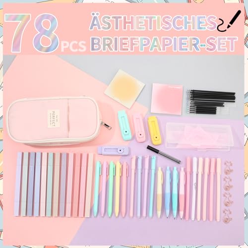 Halinuia 78 Stück Schulsachen Sauberes Mädchen mit Mäppchen, Gelstift, Pastell Textmarkern, Druckbleistift, Bleistiftmine, Minen, Radiergummi, Lineal, Büroklammer Sticky Notes für Teenager(Rosa)