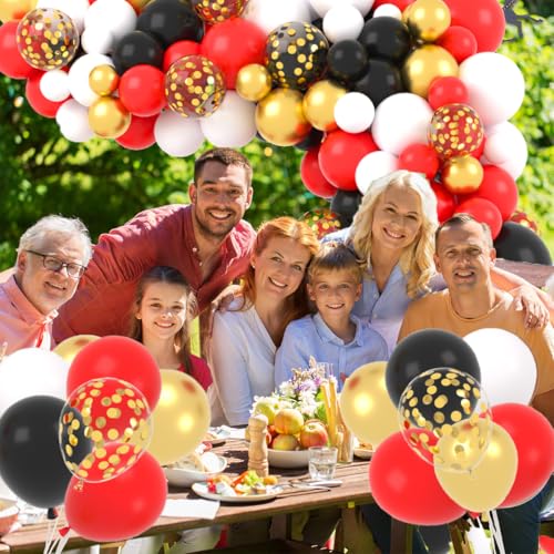 Image of Red White Gold Black Balloon Garland Arch - Red Black Balloons White Metallic Gold Balloons for Birthday Wedding Anniversary Graduation Retirement Valentines Day Party Decorations