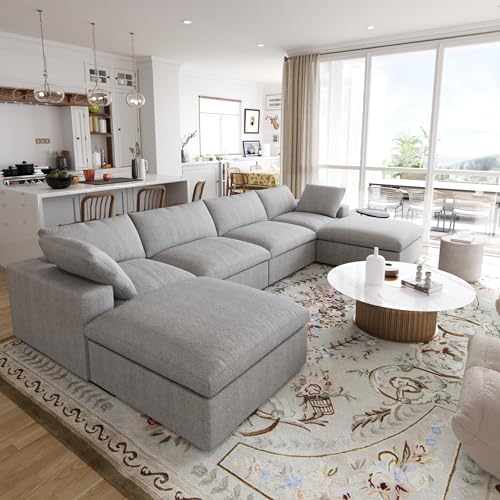 Image of JACH U-Shaped Couches for Living Room, 6-Seats Modular Convertible Sectional Sofa Couch, Couch Cushion Covers Removable, Comfy Sofas with Chaise Ottomans for Apartment Bedroom Office (Grey)