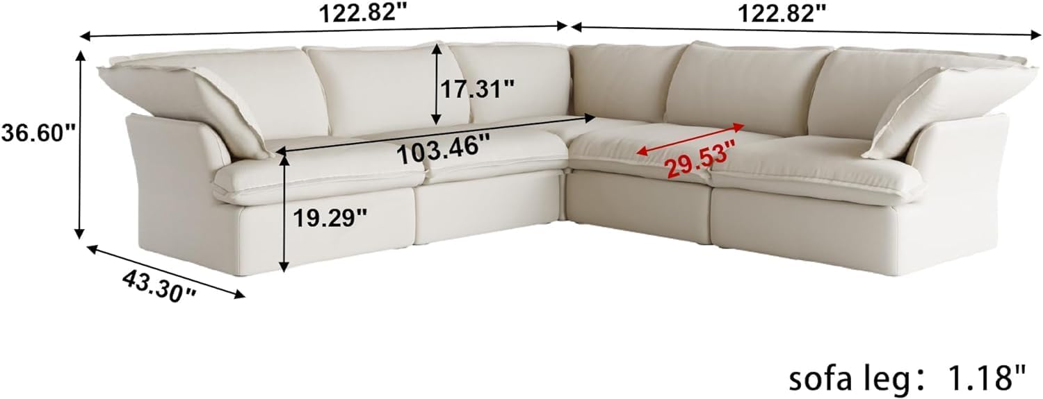 Beige V-Shaped Modular Sofa Convertible Deep Seat Couch Down Fill Sectional Furniture
