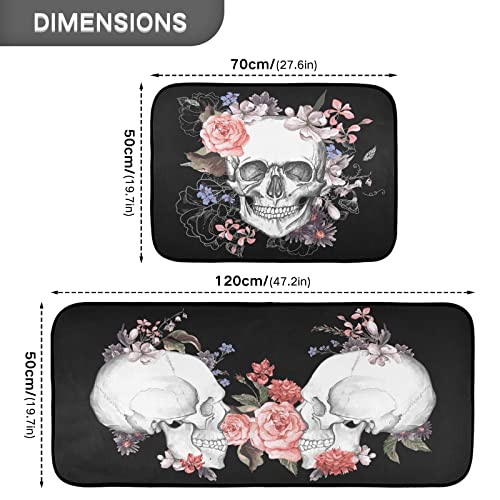 Cataku Halloween Skull Kitchen Rugs Sets Of 2 Non Slip Kitchen Mat Floral Skull Polyester Area Rugs Set Floor Mats Washable Carpet Mat Comfort Standing Mat For Kitchen Laundry Sink Office #TOP2