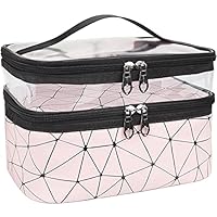 FLYNGO Double Layer Cosmetic Bag Organizer Makeup Pouch for Women Travel Cosmetics Case Toiletry Bags for Girls (Pink Diamond)