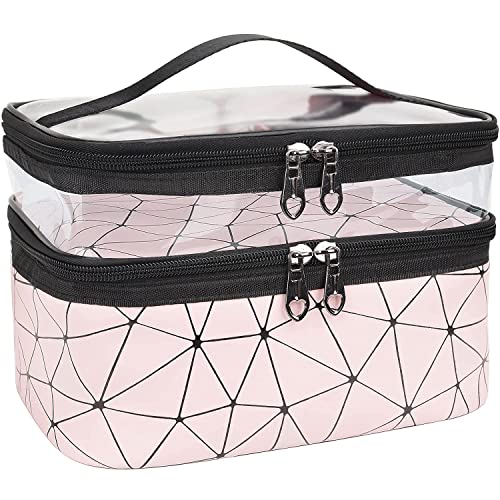 FLYNGO Double Layer Cosmetic Bag Organizer Makeup Pouch for Women Travel Cosmetics Case Toiletry Bags for Girls (Pink Diamond)