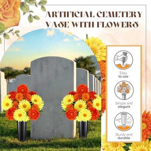 Image of 4 Set Fall Cemetery Flowers for Grave Artificial Mum with Vase