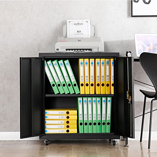 Greatmeet Metal Storage Cabinet With Locking Doors And 1 Adjustable Shelves,Gauge 24 Steel Storage Cabinet With Wheels For Home Office,Black(26.1" W X 13.78" D X 31.5" H) #TOP2
