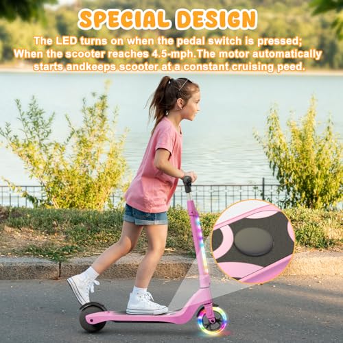 CBD Electric Scooter for Kids, 6 Mph Top Speed, Up to 5 Miles Range, 5.3\" Solid Tires Wheel and Front Light, Kick Scooter Adjustable Height for Kids Age 6-12, Pink - Thumbnail 2