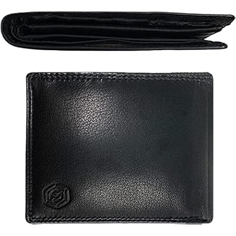 Mens Black Wallet Real Nappa Goat Leather Trifold Bifold RFID Blocking Wallet with Coin Pocket Anti Scan/Fraud Proof Window ID Holder with Contact Less Card Protection UK (SP006BLK) Cover
