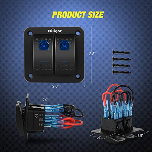 Nilight 90106B 2 Gang Rocker Switch Panel 5 Pin On Off Pre-Wired Rocker Switch Aluminum Panel Waterproof Switche Panel For 12V/24V Automotive Cars Marine Boats Atvs Trailers,2 Years Warranty , Blue #TOP1