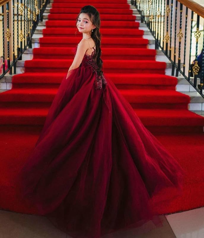 Girl's Tulle Flower Girl Dresses Sleeveless Beaded Appliques Princess Pageant Dress Kids Long Party Ball Gown4