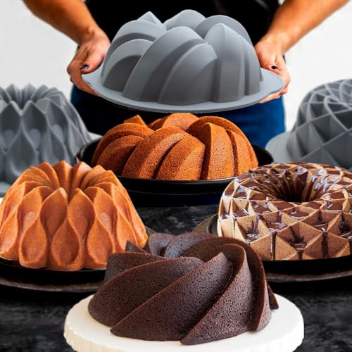image for Tongjude 4 Pieces Silicone Fluted Cake Pans, 6/7/8 Cups Tube Baking Pa