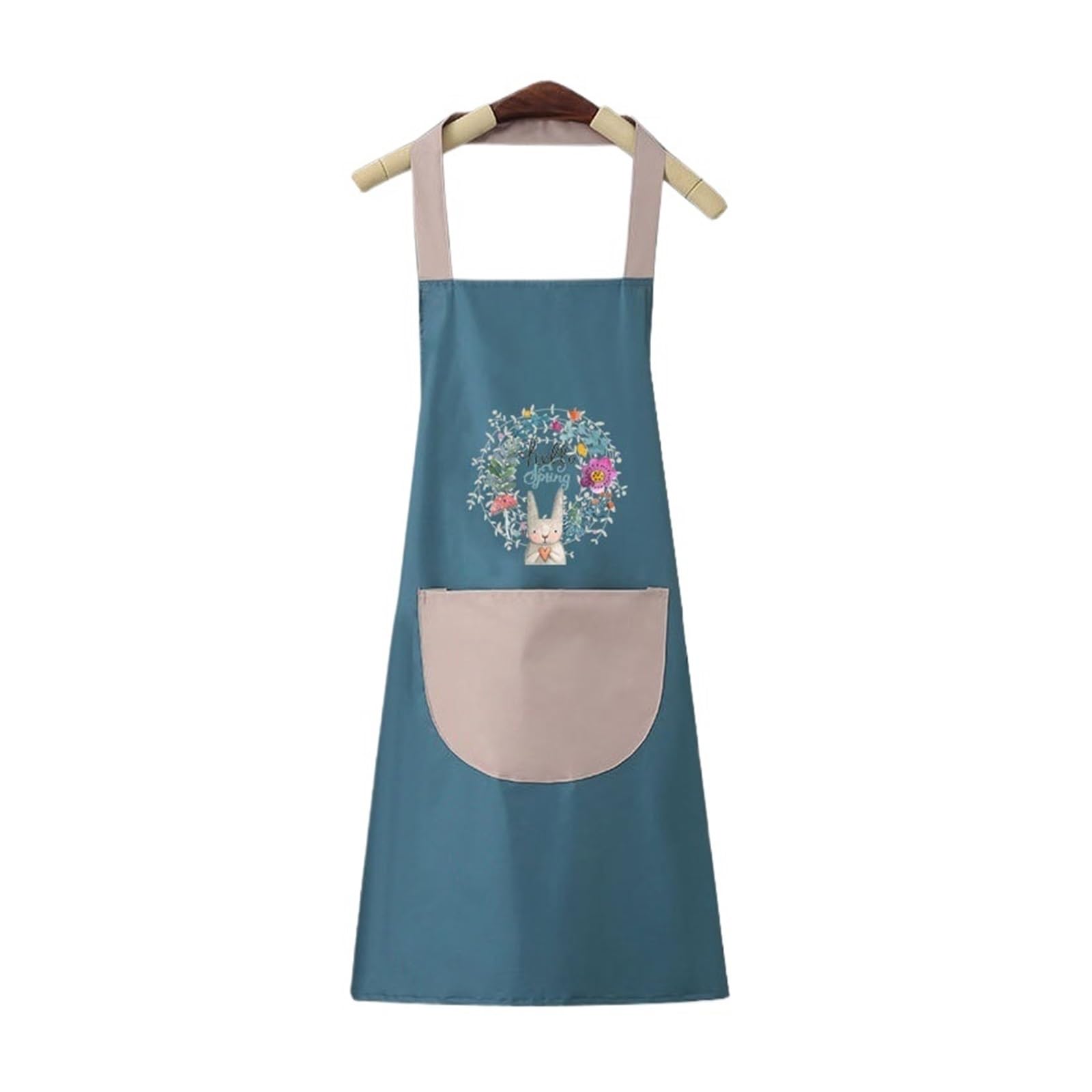 Delantal de cocina for mujer, con diseño conejo y guirnalda flores, impermeable, a prueba aceite, dibujos animados, borrable funda for las manos