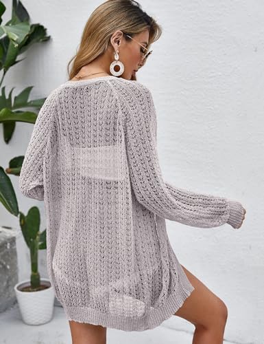 Image of Women Crochet Cardigan Light Weight Open Front Casual Long Sleeve Thin Knit Cardigans Silver