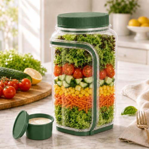 Salad jar, 36 oz (1000 ml) Leak Proof Salad Container with 2.5 oz Dressing Container, Side Opening Salad Jar for Meal Prep, Overnight Oats, Fruit, Yogurt, Pasta & Lunch, Reusable Food Storage (Green)