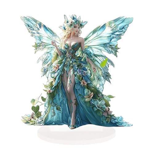 ANNUOZE Fairy Acrylic Standee, 2D Flat Art Butterfly Fairy Desktop Standee, Magic Elf Tabletop Decorative Ornament, Creative Desktop Decor for Home Study Room Bookshel Office (Turquoise Green Fairy)