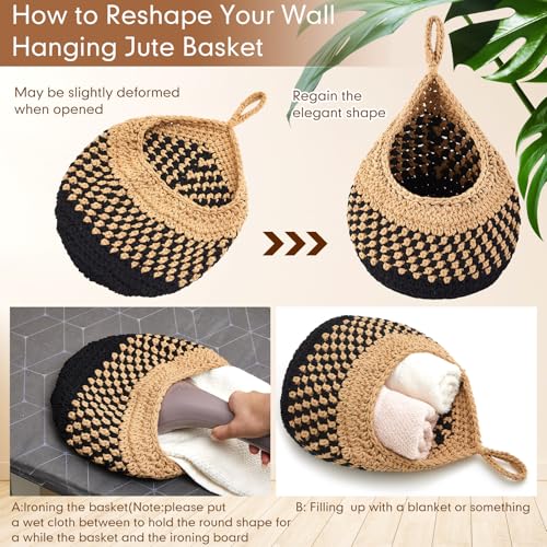 Image of Honeydak 3 Hanging Baskets, Linen with Black, Teardrop, Cotton Rope