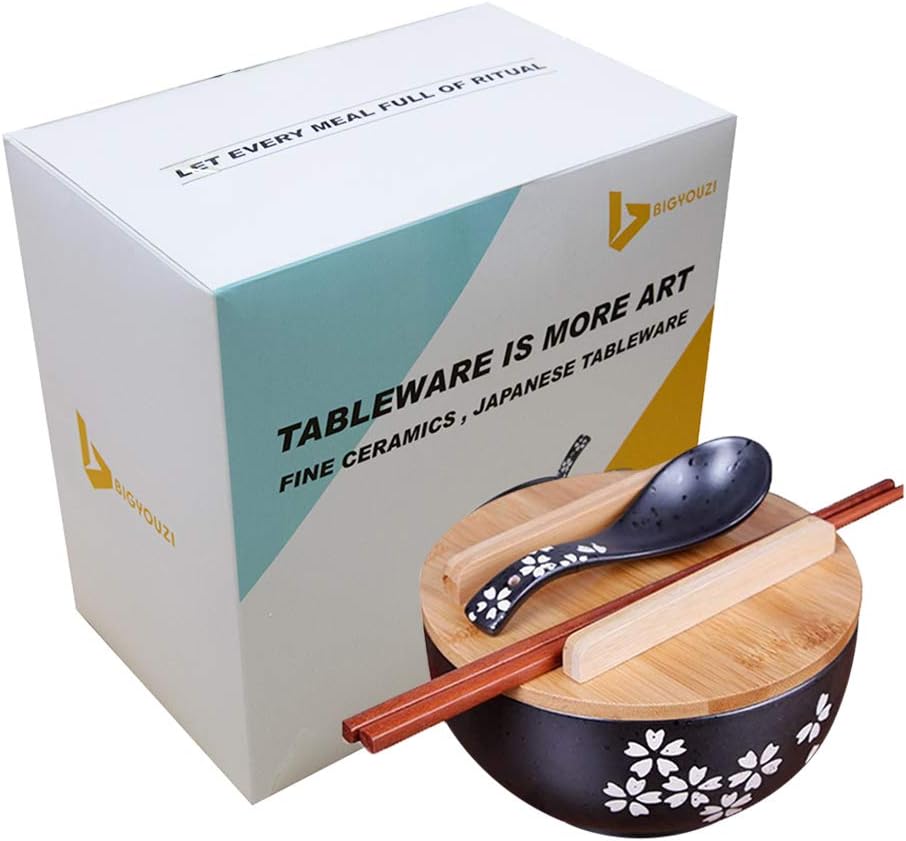 Japanese ramen noodle bowl black rice bowls with Lid Spoon ramen bowl noodle bowls with chopsticks