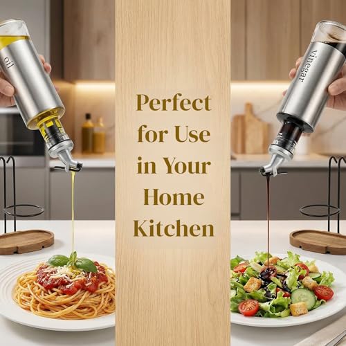 Tebery 2 Pack 300ml Olive Oil and Vinegar Bottle Set with Rack and Wooden Base, 10oz Glass Dispenser Bottles with Pourers and Funnel for Kitchen - Image 5